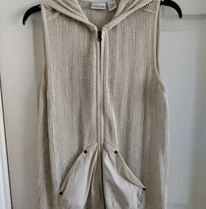 Vintage Chico's Neutral Open Knit Hooded Vest Tan Size 1